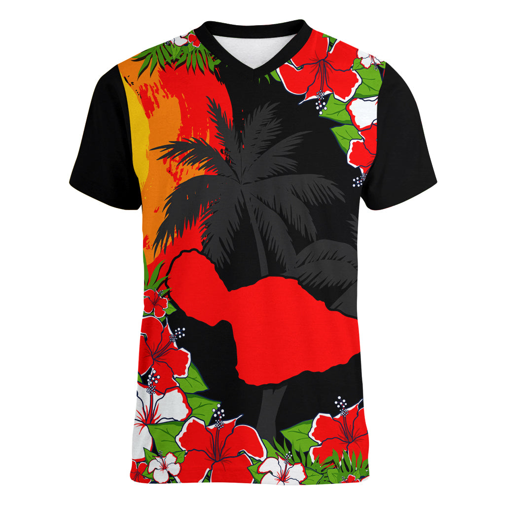 Hawaii Maui Island Women V Neck T Shirt Maui Map With Tropical Forest Sunset Vibe LT03 Female Black - Polynesian Pride