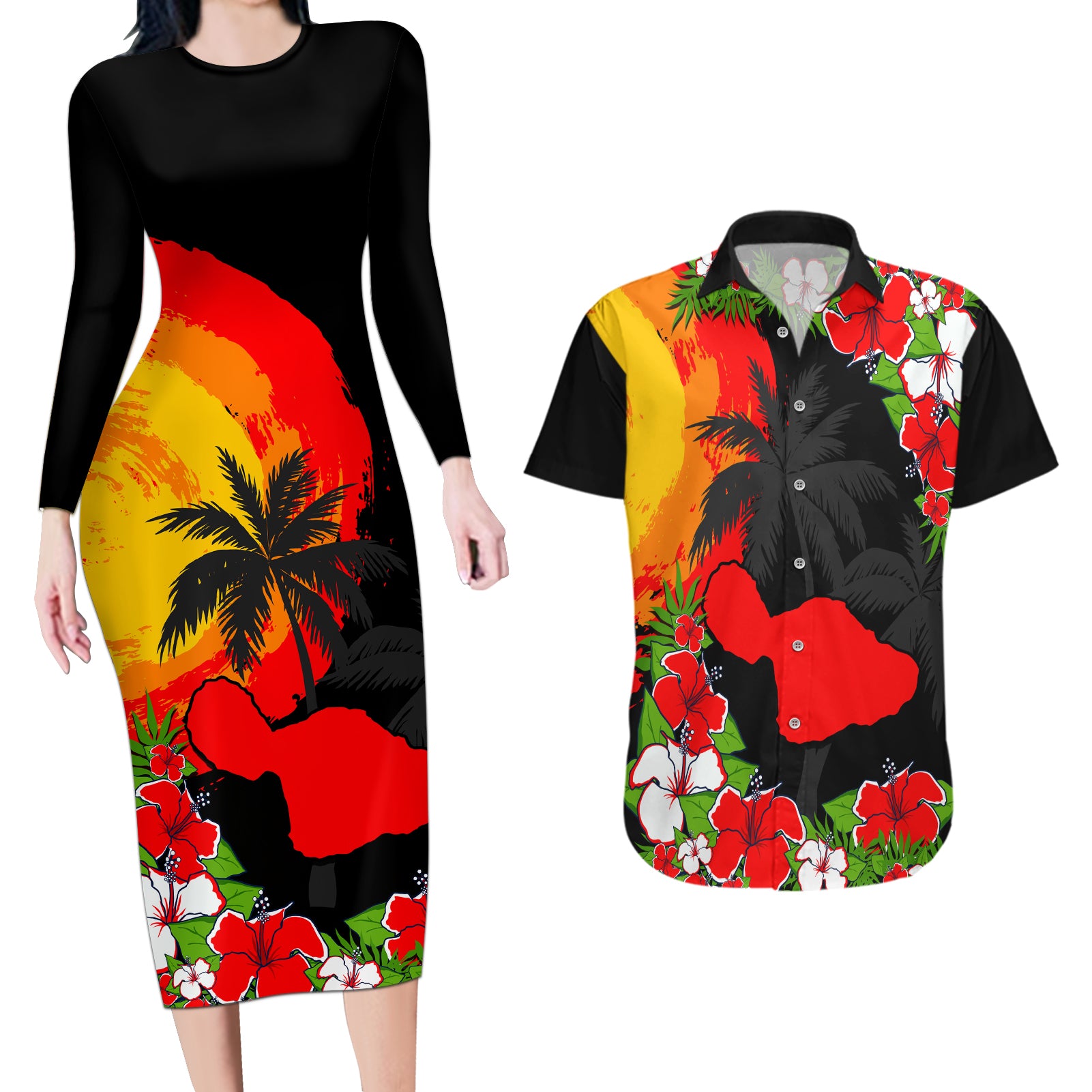 Custom Hawaii Maui Island Couples Matching Long Sleeve Bodycon Dress and Hawaiian Shirt Maui Map With Tropical Forest Sunset Vibe LT03 Black - Polynesian Pride