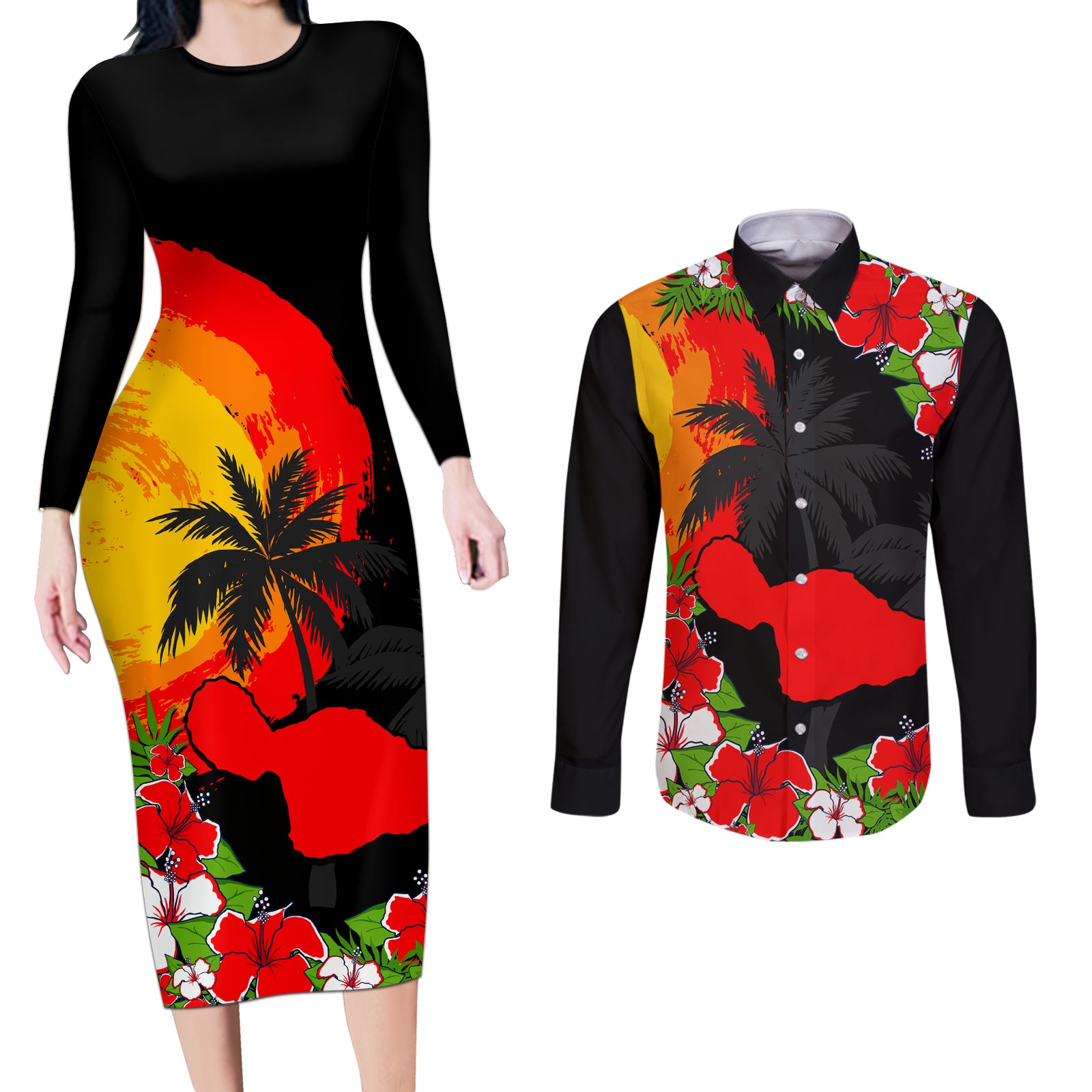 Custom Hawaii Maui Island Couples Matching Long Sleeve Bodycon Dress and Long Sleeve Button Shirts Maui Map With Tropical Forest Sunset Vibe LT03 Black - Polynesian Pride