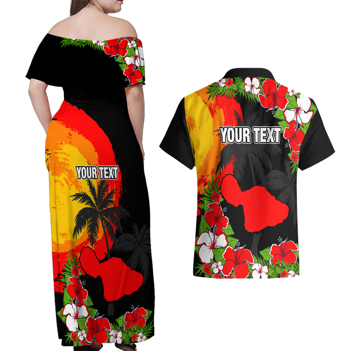 Custom Hawaii Maui Island Couples Matching Off Shoulder Maxi Dress and Hawaiian Shirt Maui Map With Tropical Forest Sunset Vibe LT03 - Polynesian Pride