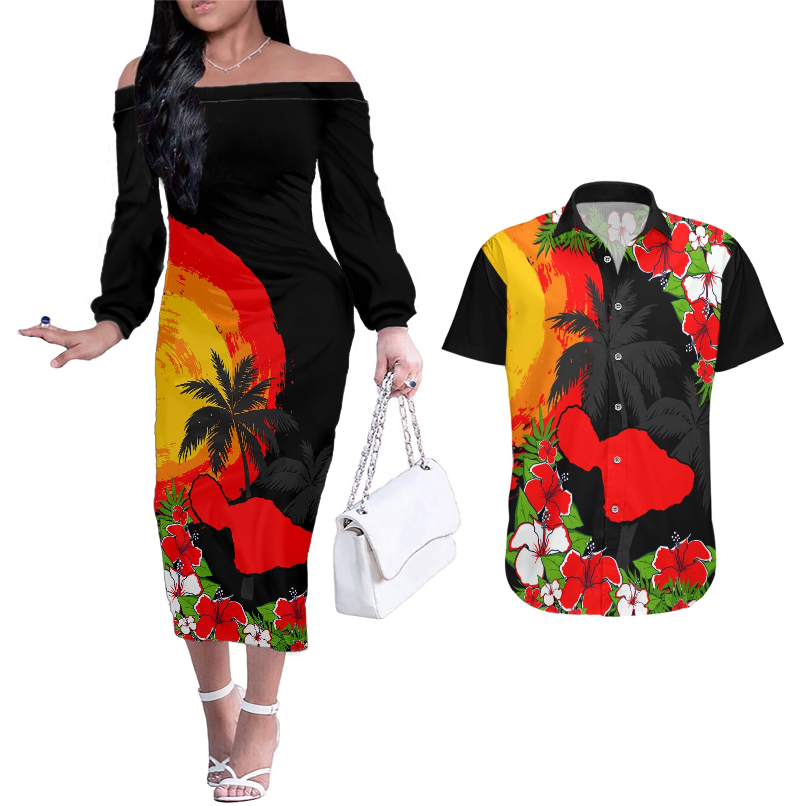 Custom Hawaii Maui Island Couples Matching Off The Shoulder Long Sleeve Dress and Hawaiian Shirt Maui Map With Tropical Forest Sunset Vibe LT03 Black - Polynesian Pride