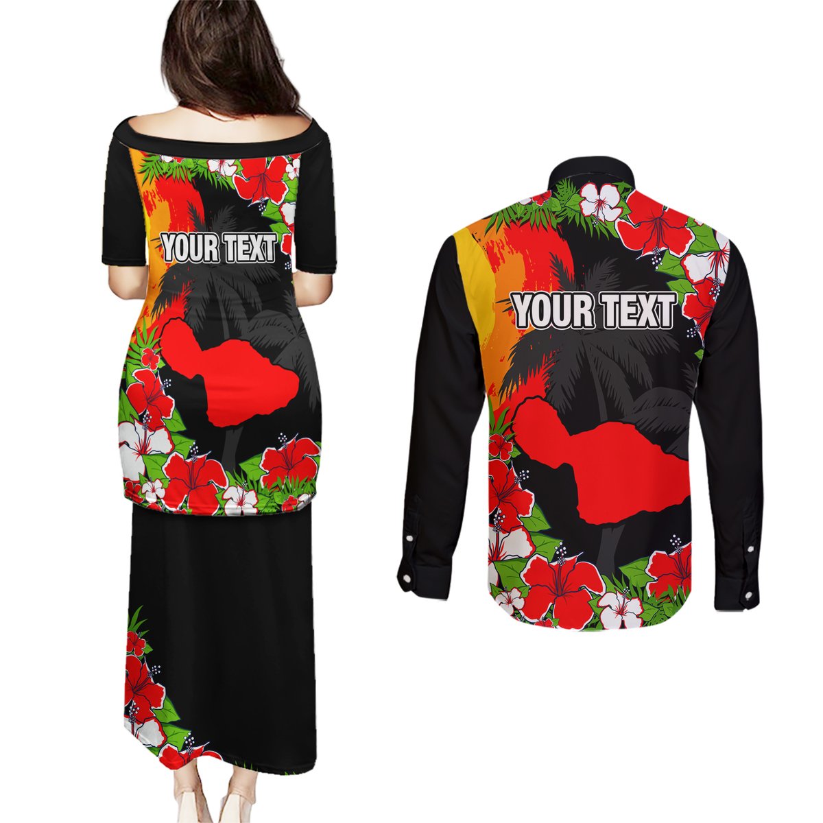 Custom Hawaii Maui Island Couples Matching Puletasi Dress and Long Sleeve Button Shirts Maui Map With Tropical Forest Sunset Vibe LT03 - Polynesian Pride