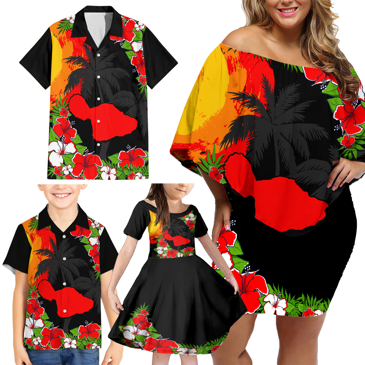 Custom Hawaii Maui Island Family Matching Off Shoulder Short Dress and Hawaiian Shirt Maui Map With Tropical Forest Sunset Vibe LT03 - Polynesian Pride