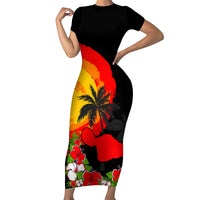 Custom Hawaii Maui Island Short Sleeve Bodycon Dress Maui Map With Tropical Forest Sunset Vibe LT03 Long Dress Black - Polynesian Pride