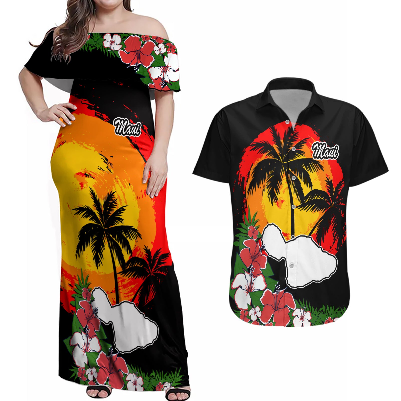 Hawaii Maui Island Couples Matching Off Shoulder Maxi Dress and Hawaiian Shirt Maui Map With Tropical Forest Vintage Style LT03 Black - Polynesian Pride