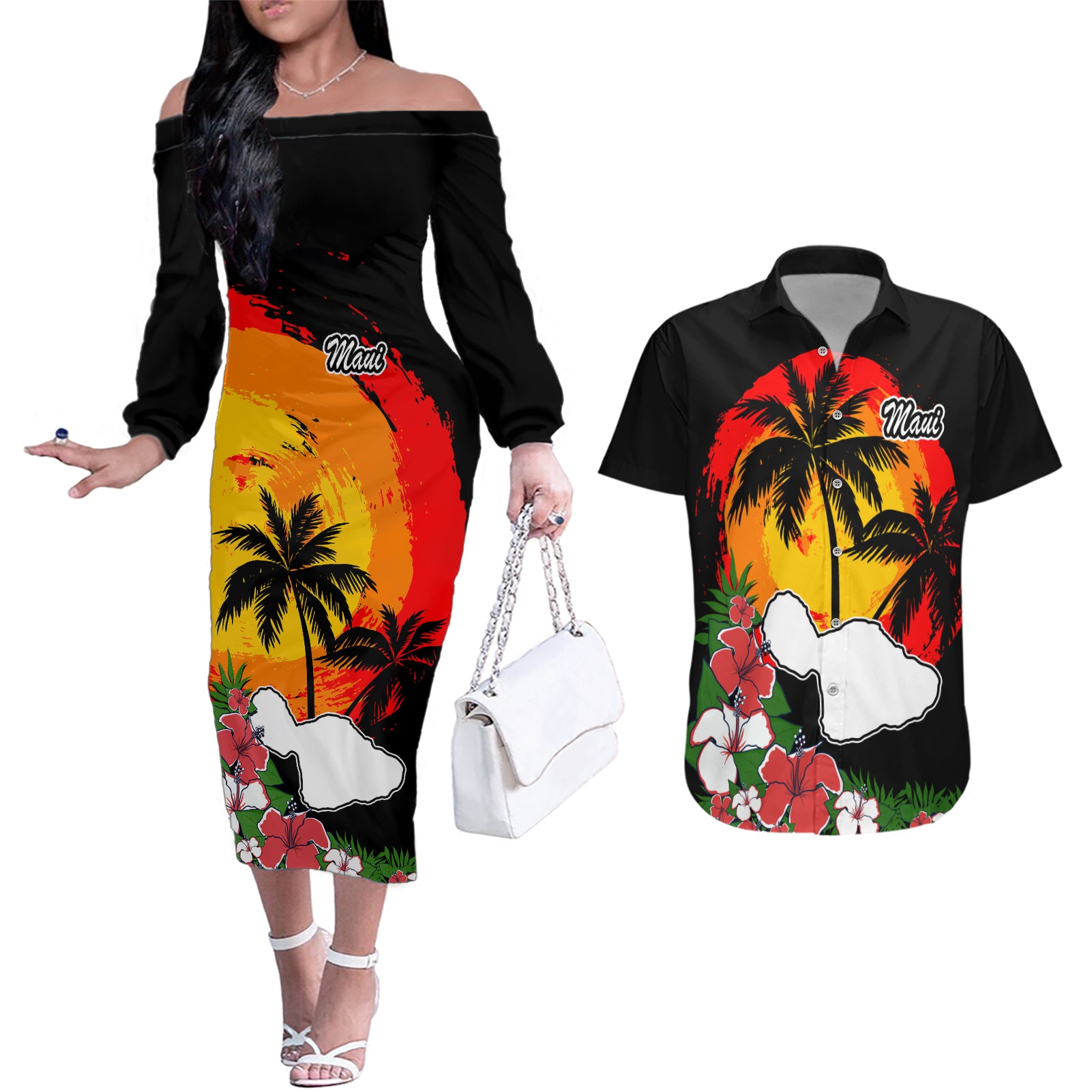 Hawaii Maui Island Couples Matching Off The Shoulder Long Sleeve Dress and Hawaiian Shirt Maui Map With Tropical Forest Vintage Style LT03 Black - Polynesian Pride