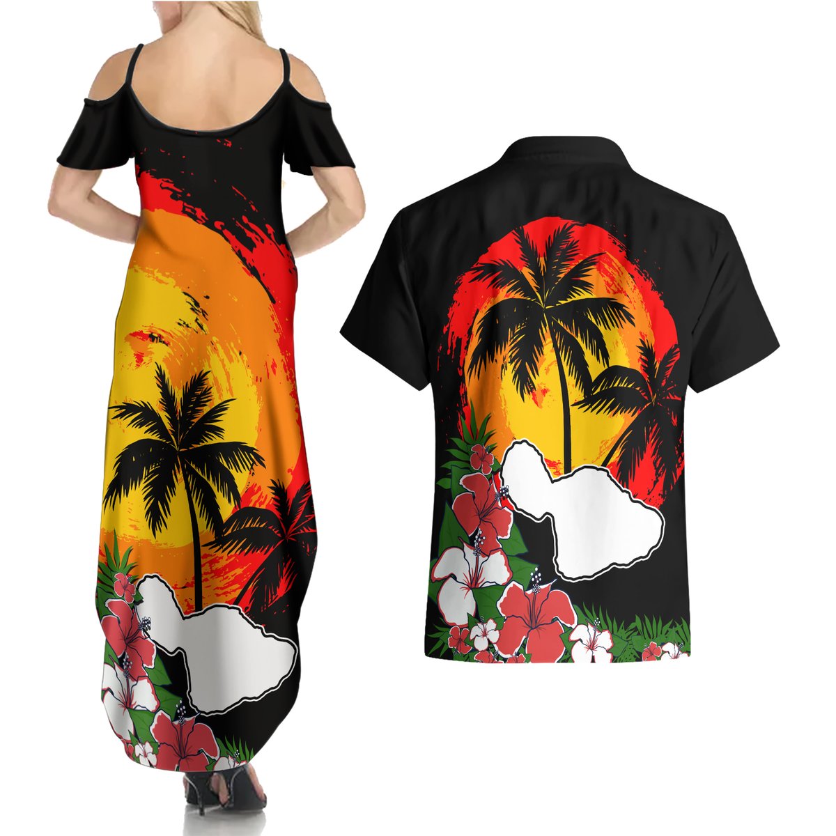 Hawaii Maui Island Couples Matching Summer Maxi Dress and Hawaiian Shirt Maui Map With Tropical Forest Vintage Style LT03 - Polynesian Pride