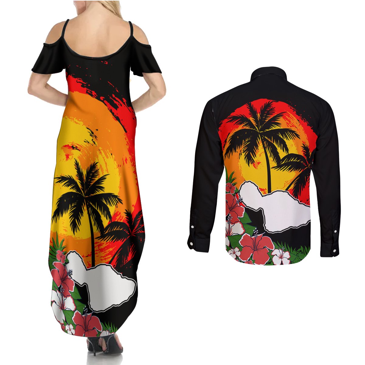Hawaii Maui Island Couples Matching Summer Maxi Dress and Long Sleeve Button Shirts Maui Map With Tropical Forest Vintage Style LT03 - Polynesian Pride