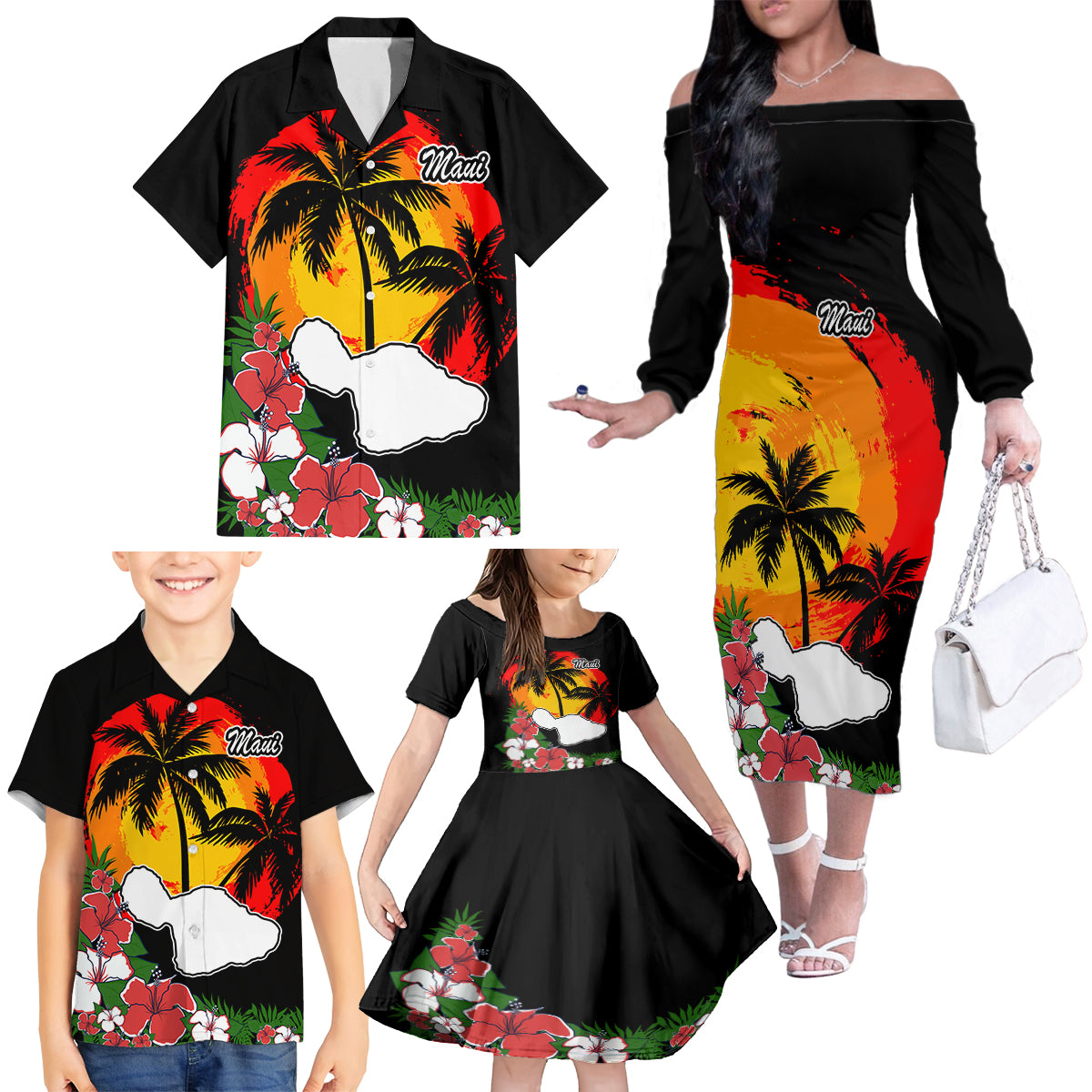 Hawaii Maui Island Family Matching Off Shoulder Long Sleeve Dress and Hawaiian Shirt Maui Map With Tropical Forest Vintage Style LT03 - Polynesian Pride