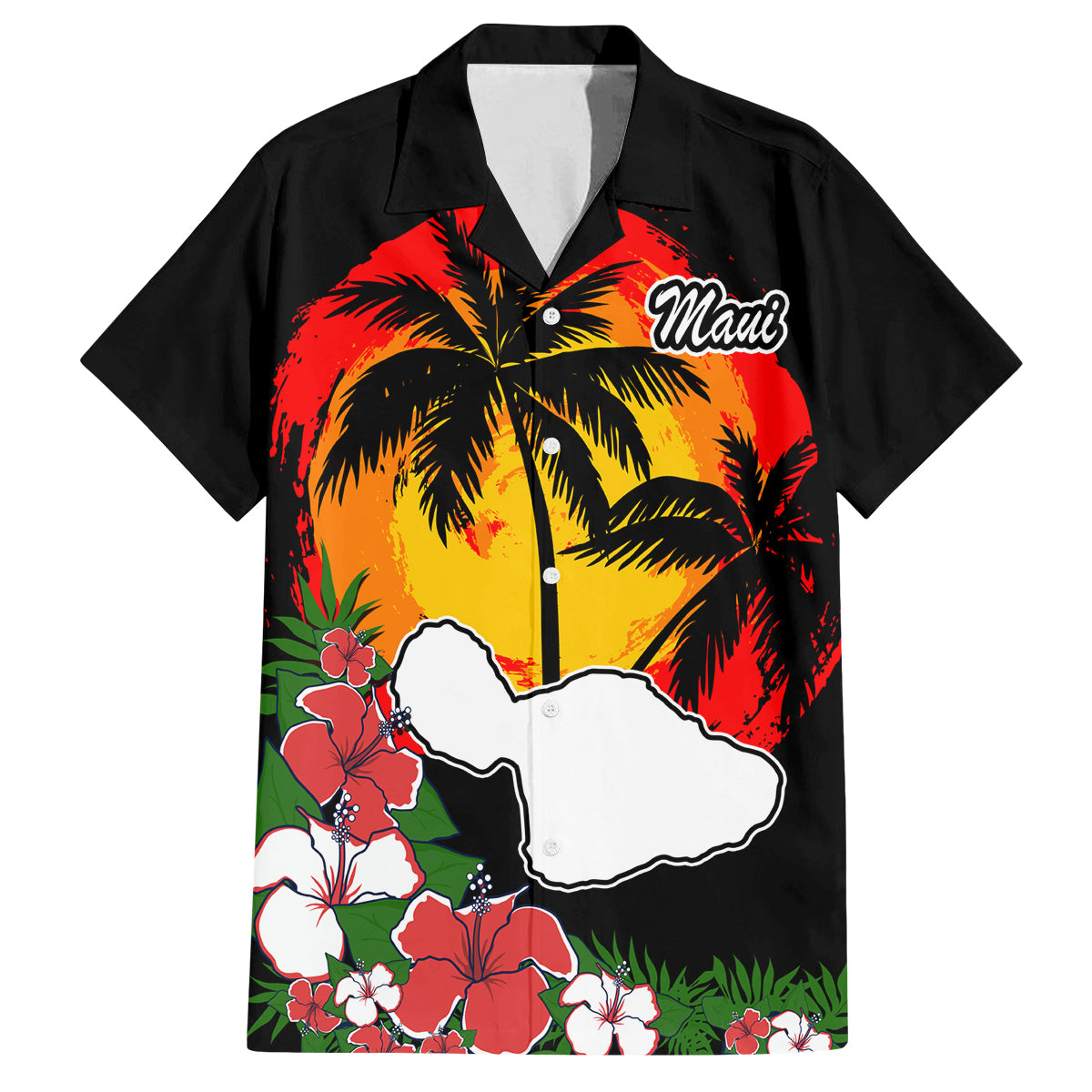 Hawaii Maui Island Family Matching Off Shoulder Maxi Dress and Hawaiian Shirt Maui Map With Tropical Forest Vintage Style LT03 Dad's Shirt - Short Sleeve Black - Polynesian Pride