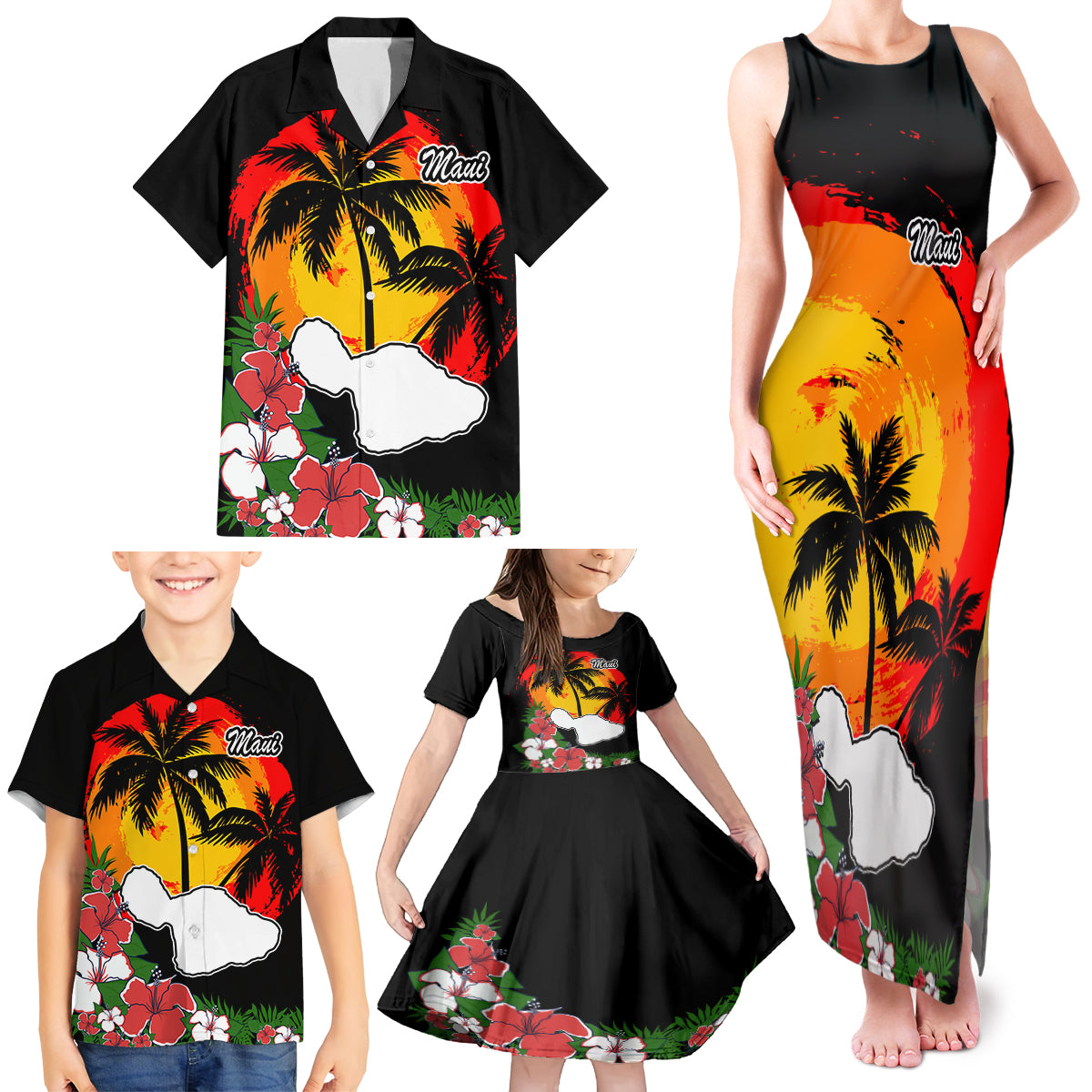 Hawaii Maui Island Family Matching Tank Maxi Dress and Hawaiian Shirt Maui Map With Tropical Forest Vintage Style LT03 - Polynesian Pride