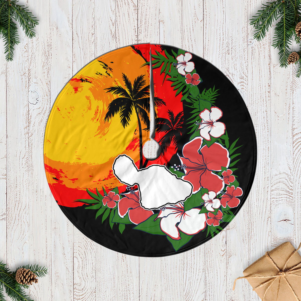 Hawaii Maui Island Tree Skirt Maui Map With Tropical Forest Vintage Style LT03 Black - Polynesian Pride