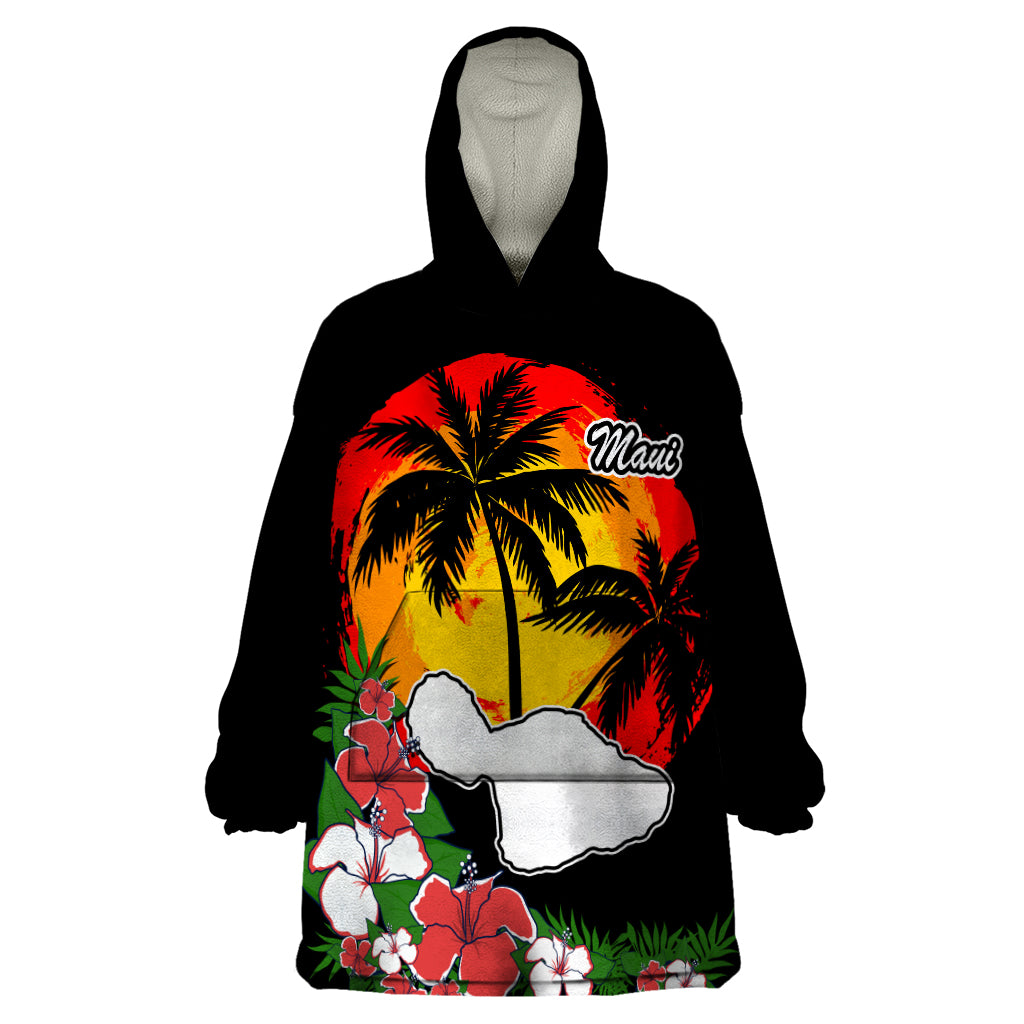 Hawaii Maui Island Wearable Blanket Hoodie Maui Map With Tropical Forest Vintage Style LT03 One Size Black - Polynesian Pride