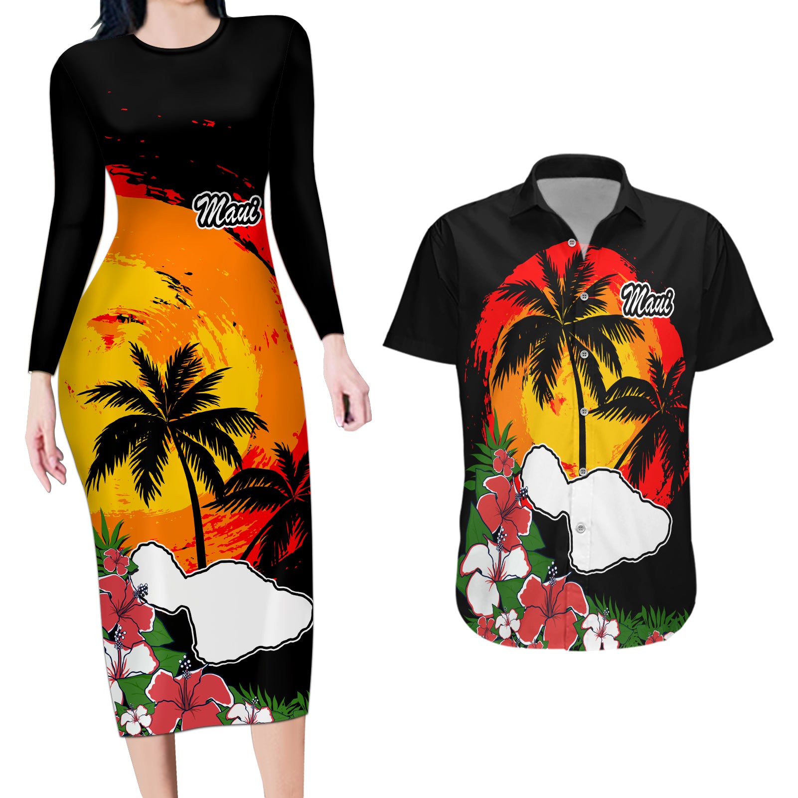 Custom Hawaii Maui Island Couples Matching Long Sleeve Bodycon Dress and Hawaiian Shirt Maui Map With Tropical Forest Vintage Style LT03 Black - Polynesian Pride