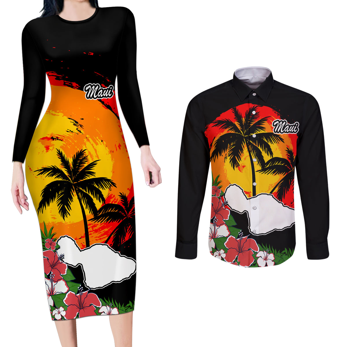 Custom Hawaii Maui Island Couples Matching Long Sleeve Bodycon Dress and Long Sleeve Button Shirts Maui Map With Tropical Forest Vintage Style LT03 Black - Polynesian Pride