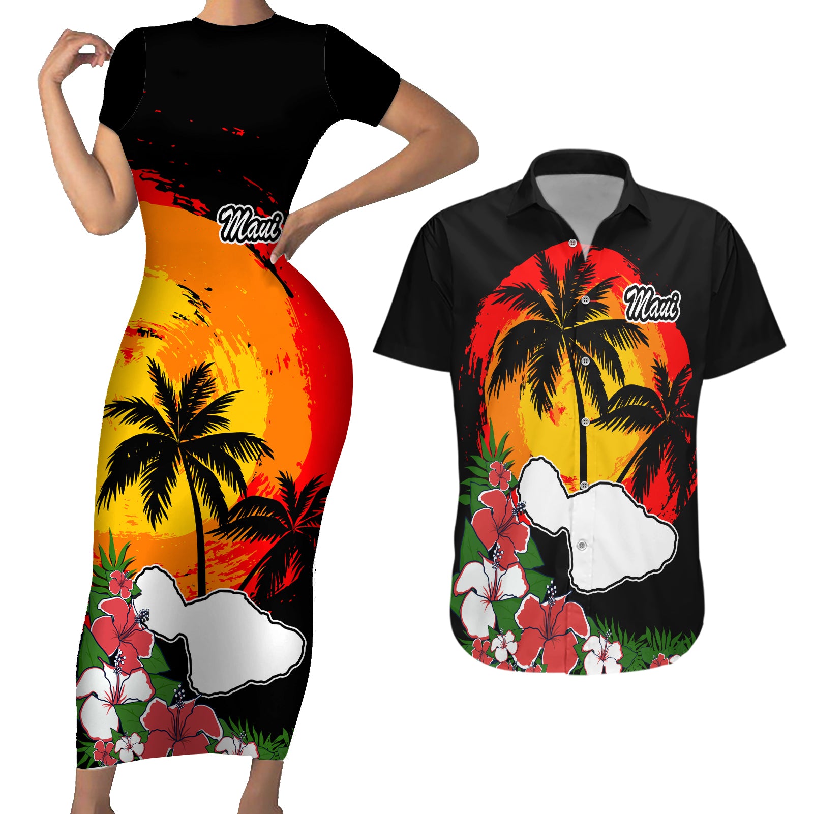 Custom Hawaii Maui Island Couples Matching Short Sleeve Bodycon Dress and Hawaiian Shirt Maui Map With Tropical Forest Vintage Style LT03 Black - Polynesian Pride