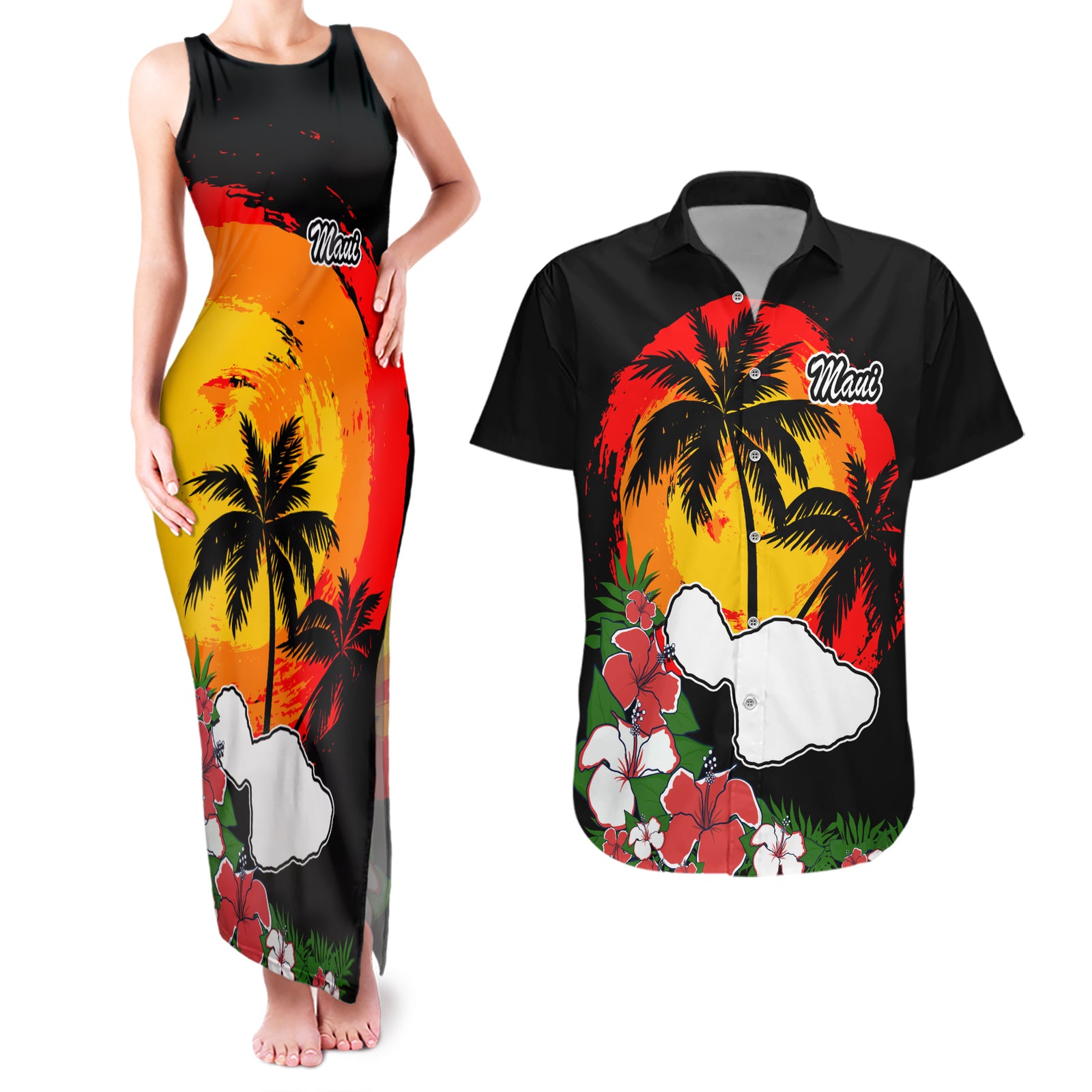 Custom Hawaii Maui Island Couples Matching Tank Maxi Dress and Hawaiian Shirt Maui Map With Tropical Forest Vintage Style LT03 Black - Polynesian Pride