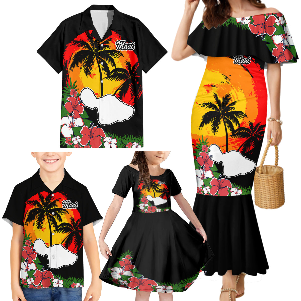 Custom Hawaii Maui Island Family Matching Mermaid Dress and Hawaiian Shirt Maui Map With Tropical Forest Vintage Style LT03 - Polynesian Pride