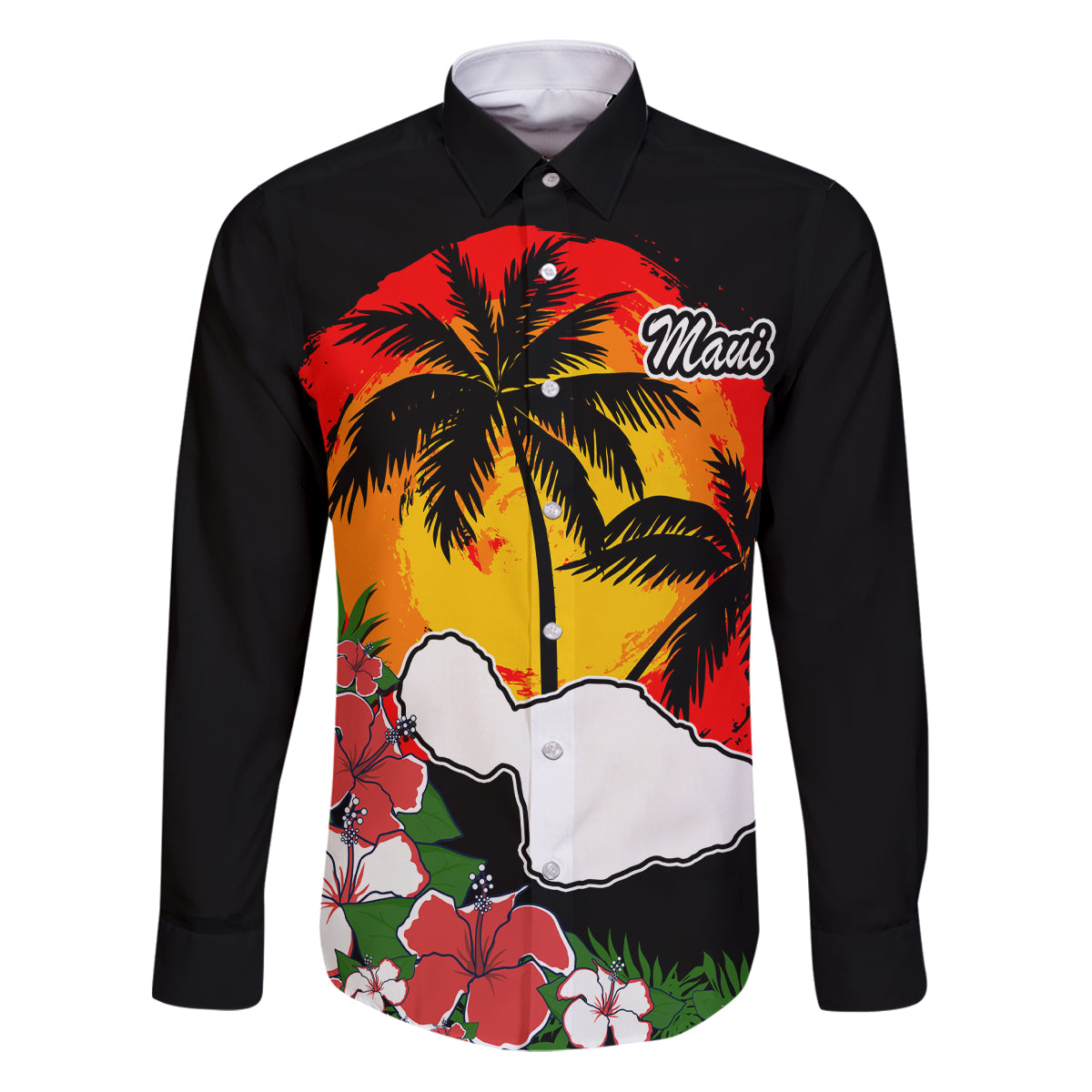 Custom Hawaii Maui Island Family Matching Puletasi Dress and Hawaiian Shirt Maui Map With Tropical Forest Vintage Style LT03 Dad's Shirt - Long Sleeve Black - Polynesian Pride