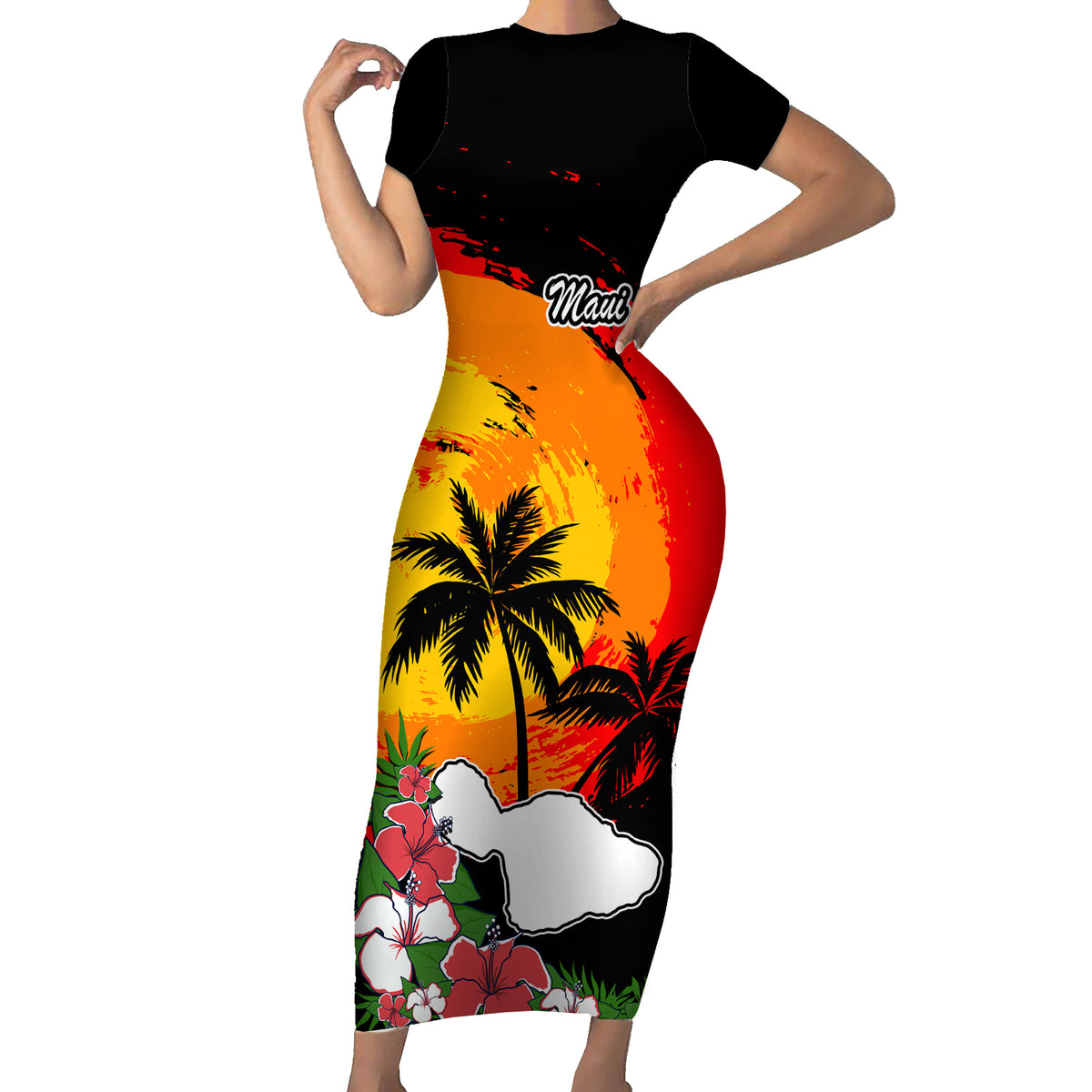 Custom Hawaii Maui Island Family Matching Short Sleeve Bodycon Dress and Hawaiian Shirt Maui Map With Tropical Forest Vintage Style LT03 Mom's Dress Black - Polynesian Pride