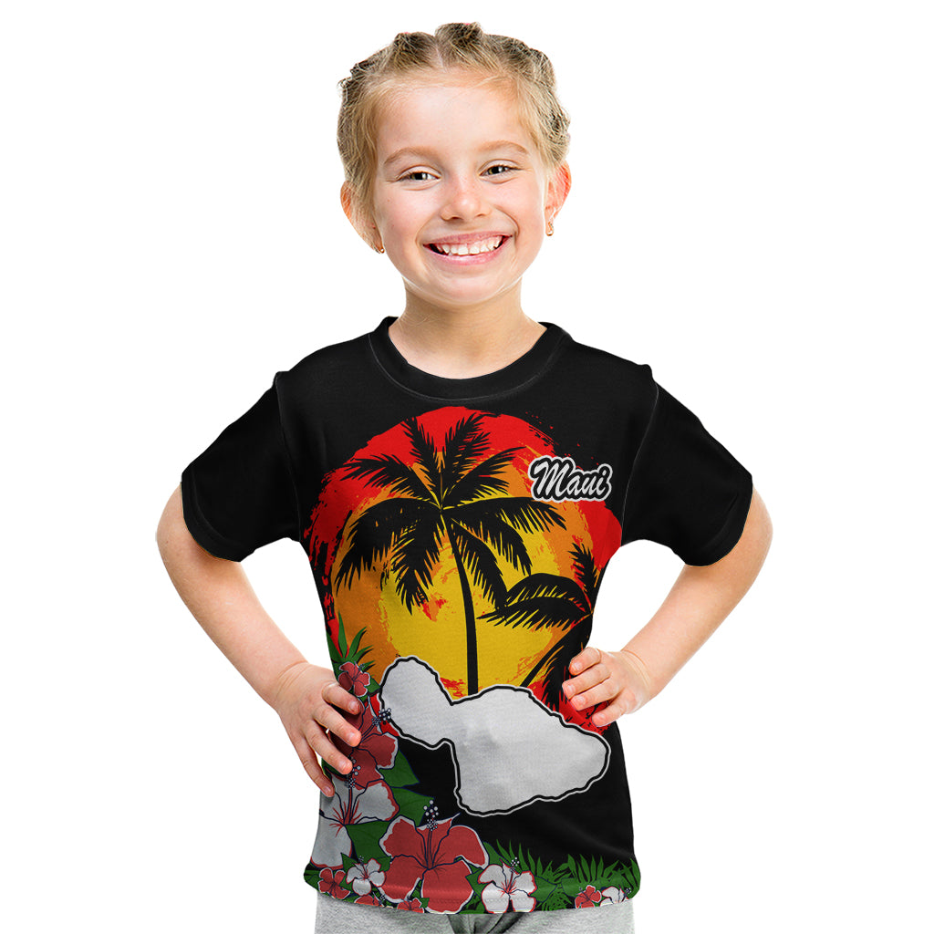 Custom Hawaii Maui Island Kid T Shirt Maui Map With Tropical Forest Vintage Style LT03 Black - Polynesian Pride