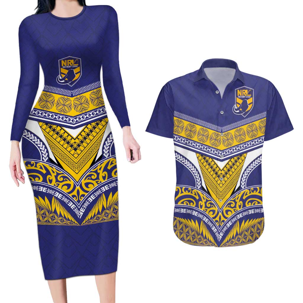 Custom Rugby Niue Couples Matching Long Sleeve Bodycon Dress and Hawaiian Shirt Hiapo Tribal Heritage Tattoos Blue Color - Polynesian Pride