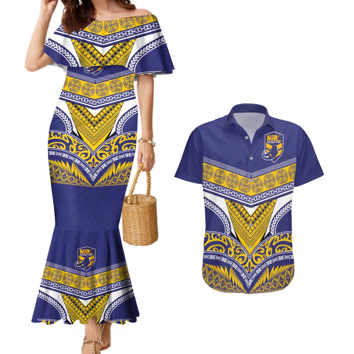 Custom Rugby Niue Couples Matching Mermaid Dress and Hawaiian Shirt Hiapo Tribal Heritage Tattoos Blue Color - Polynesian Pride