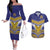 Custom Rugby Niue Couples Matching Off The Shoulder Long Sleeve Dress and Hawaiian Shirt Hiapo Tribal Heritage Tattoos Blue Color - Polynesian Pride