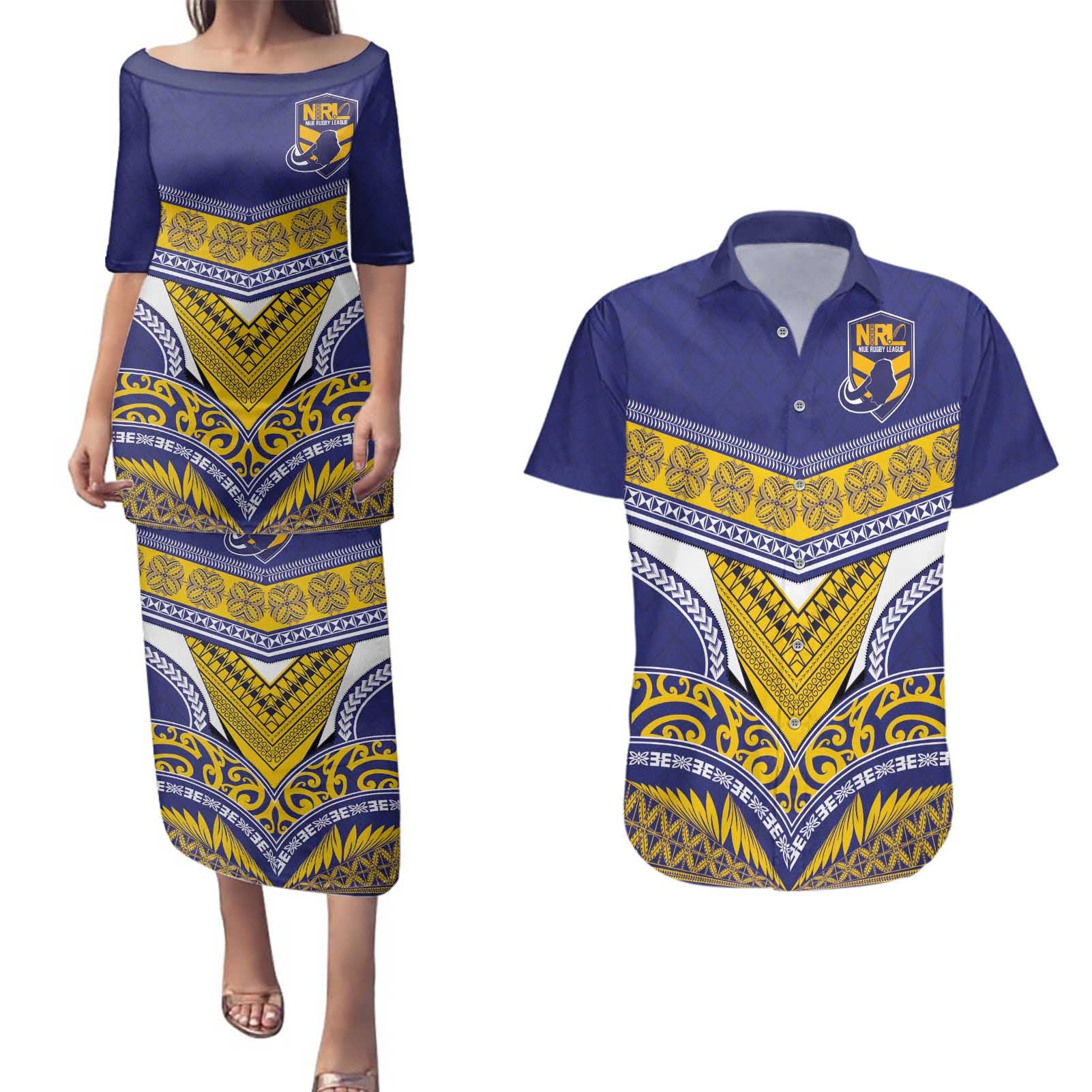 Custom Rugby Niue Couples Matching Puletasi and Hawaiian Shirt Hiapo Tribal Heritage Tattoos Blue Color - Polynesian Pride