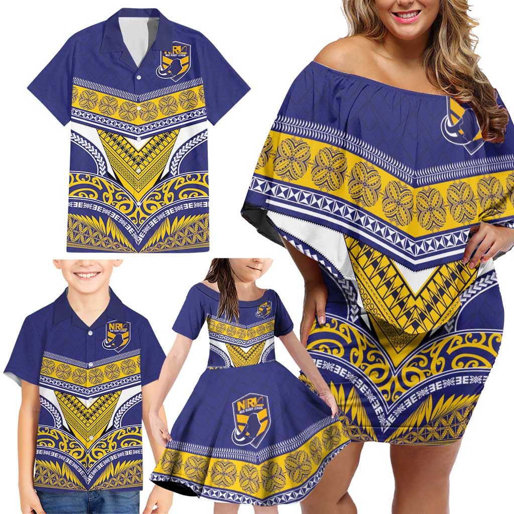 Custom Rugby Niue Family Matching Off Shoulder Short Dress and Hawaiian Shirt Hiapo Tribal Heritage Tattoos Blue Color - Polynesian Pride