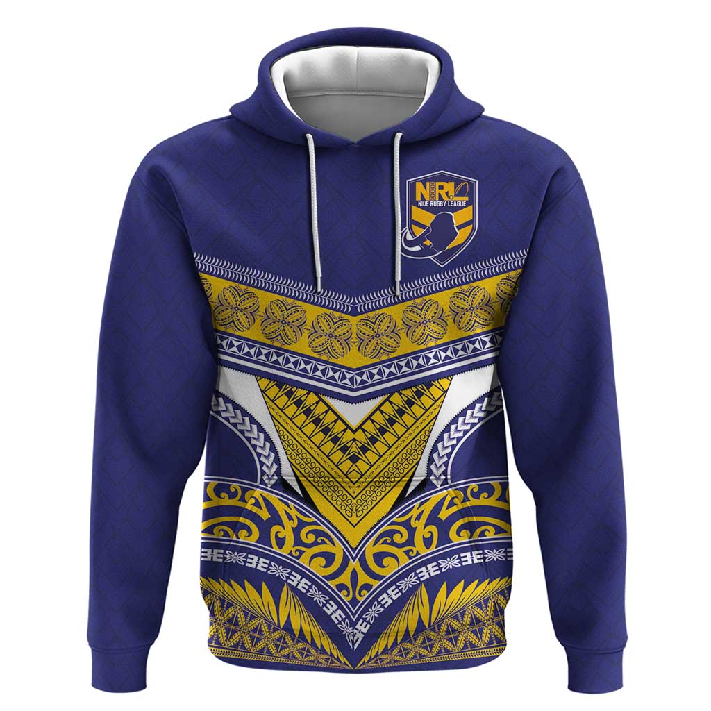 Custom Rugby Niue Hoodie Hiapo Tribal Heritage Tattoos Blue Color - Polynesian Pride