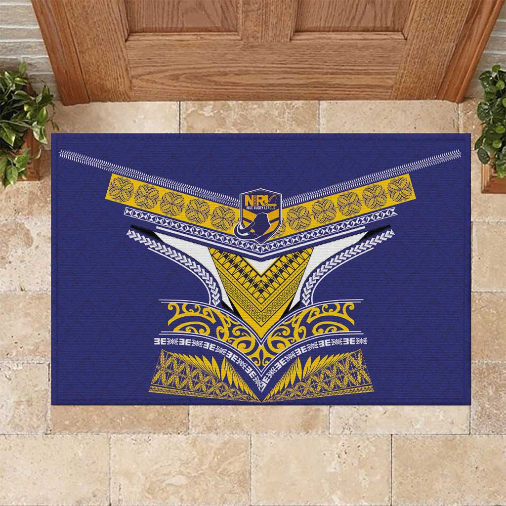 Rugby Niue Rubber Doormat Hiapo Tribal Heritage Tattoos Blue Color - Polynesian Pride
