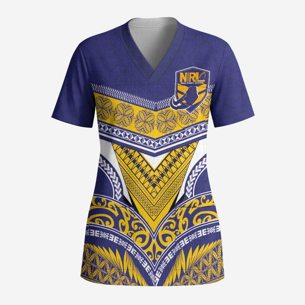 Custom Rugby Niue Scrub Top Hiapo Tribal Heritage Tattoos Blue Color - Polynesian Pride