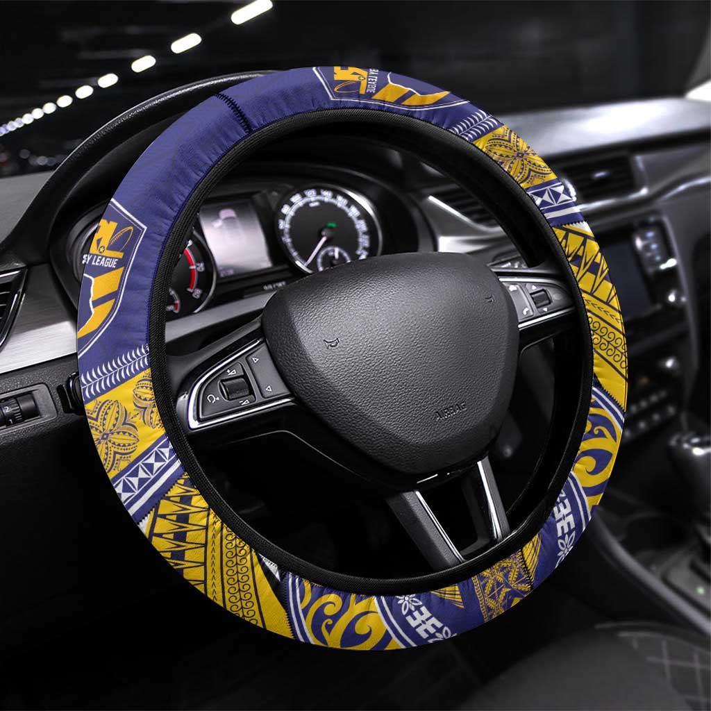 Rugby Niue Steering Wheel Cover Hiapo Tribal Heritage Tattoos Blue Color - Polynesian Pride