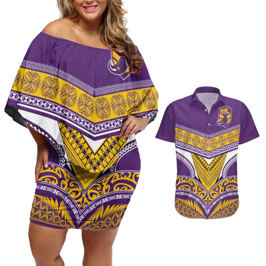 Custom Rugby Niue Couples Matching Off Shoulder Short Dress and Hawaiian Shirt Hiapo Tribal Heritage Tattoos Purple Color - Polynesian Pride