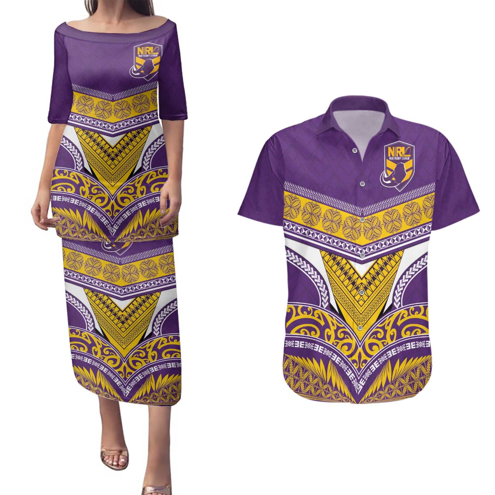 Custom Rugby Niue Couples Matching Puletasi and Hawaiian Shirt Hiapo Tribal Heritage Tattoos Purple Color - Polynesian Pride