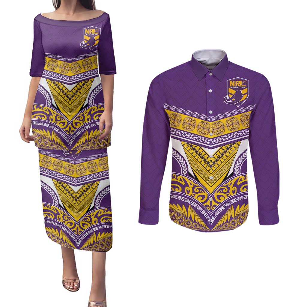 Custom Rugby Niue Couples Matching Puletasi and Long Sleeve Button Shirt Hiapo Tribal Heritage Tattoos Purple Color - Polynesian Pride