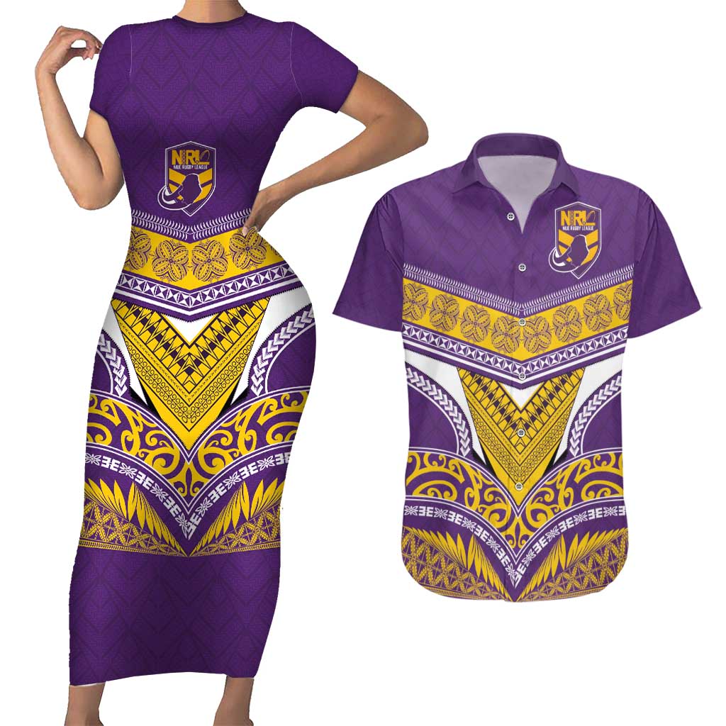 Custom Rugby Niue Couples Matching Short Sleeve Bodycon Dress and Hawaiian Shirt Hiapo Tribal Heritage Tattoos Purple Color - Polynesian Pride