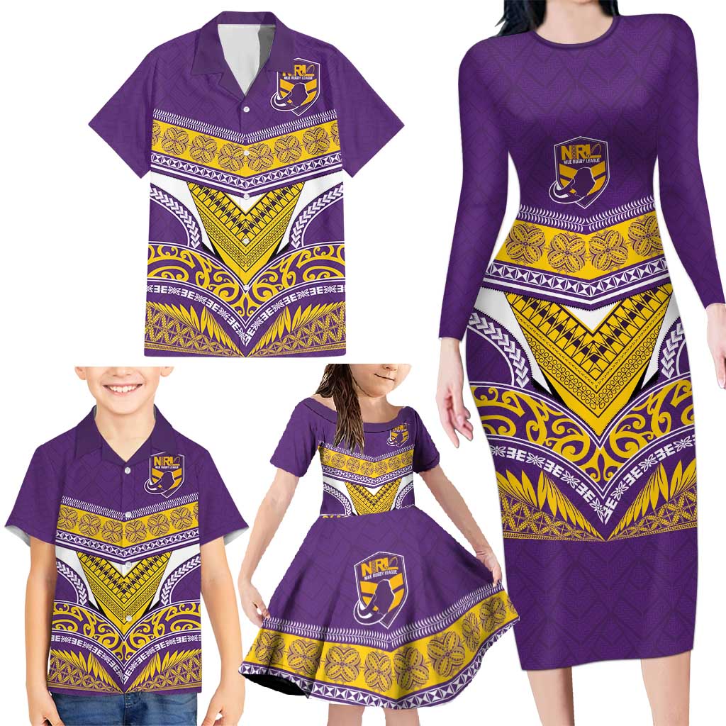Custom Rugby Niue Family Matching Long Sleeve Bodycon Dress and Hawaiian Shirt Hiapo Tribal Heritage Tattoos Purple Color - Polynesian Pride