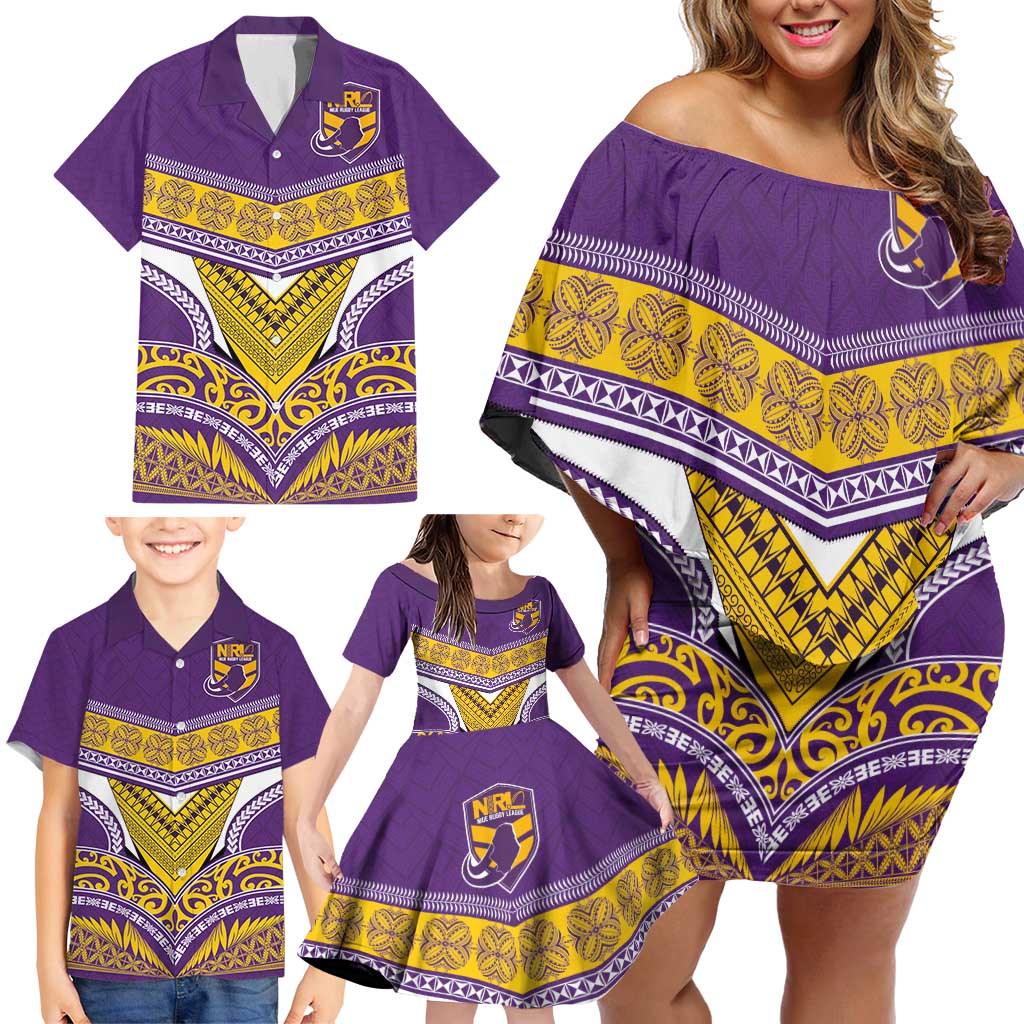 Custom Rugby Niue Family Matching Off Shoulder Short Dress and Hawaiian Shirt Hiapo Tribal Heritage Tattoos Purple Color - Polynesian Pride