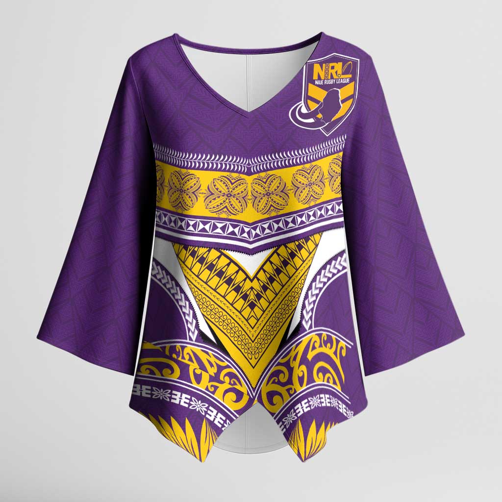 Custom Rugby Niue Kimono Sleeve Blouse Hiapo Tribal Heritage Tattoos Purple Color - Polynesian Pride
