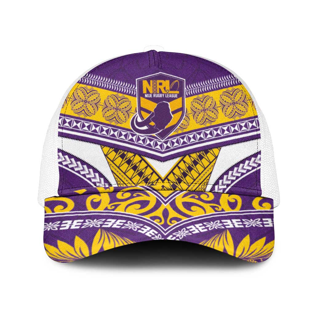 Niue Rugby Mesh Trucker Cap Hiapo Tribal Heritage Tattoos Purple Color - Polynesian Pride