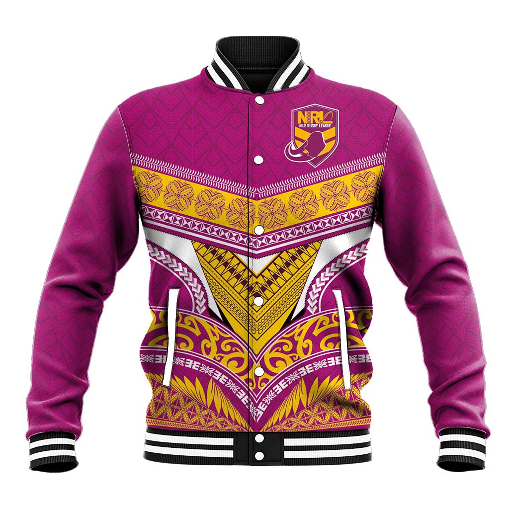 Custom Rugby Niue Baseball Jacket Hiapo Tribal Heritage Tattoos Pink Color - Polynesian Pride
