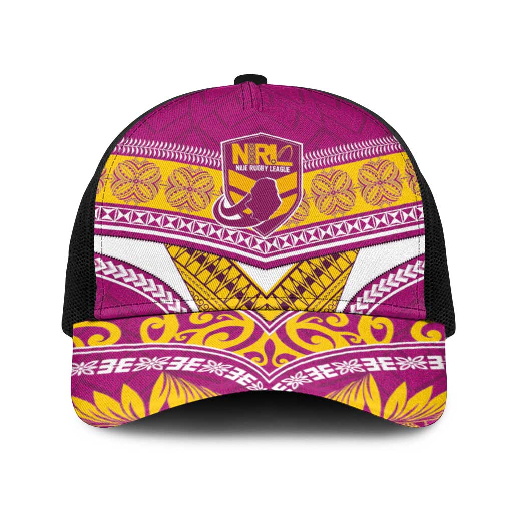 Niue Rugby Baseball Net Cap Hiapo Tribal Heritage Tattoos Pink Color - Polynesian Pride