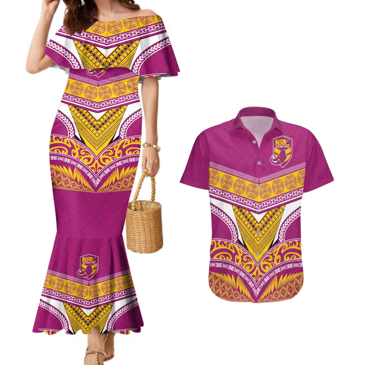 Custom Rugby Niue Couples Matching Mermaid Dress and Hawaiian Shirt Hiapo Tribal Heritage Tattoos Pink Color - Polynesian Pride