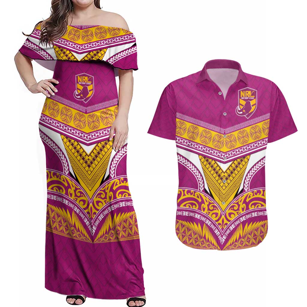 Custom Rugby Niue Couples Matching Off Shoulder Maxi Dress and Hawaiian Shirt Hiapo Tribal Heritage Tattoos Pink Color - Polynesian Pride