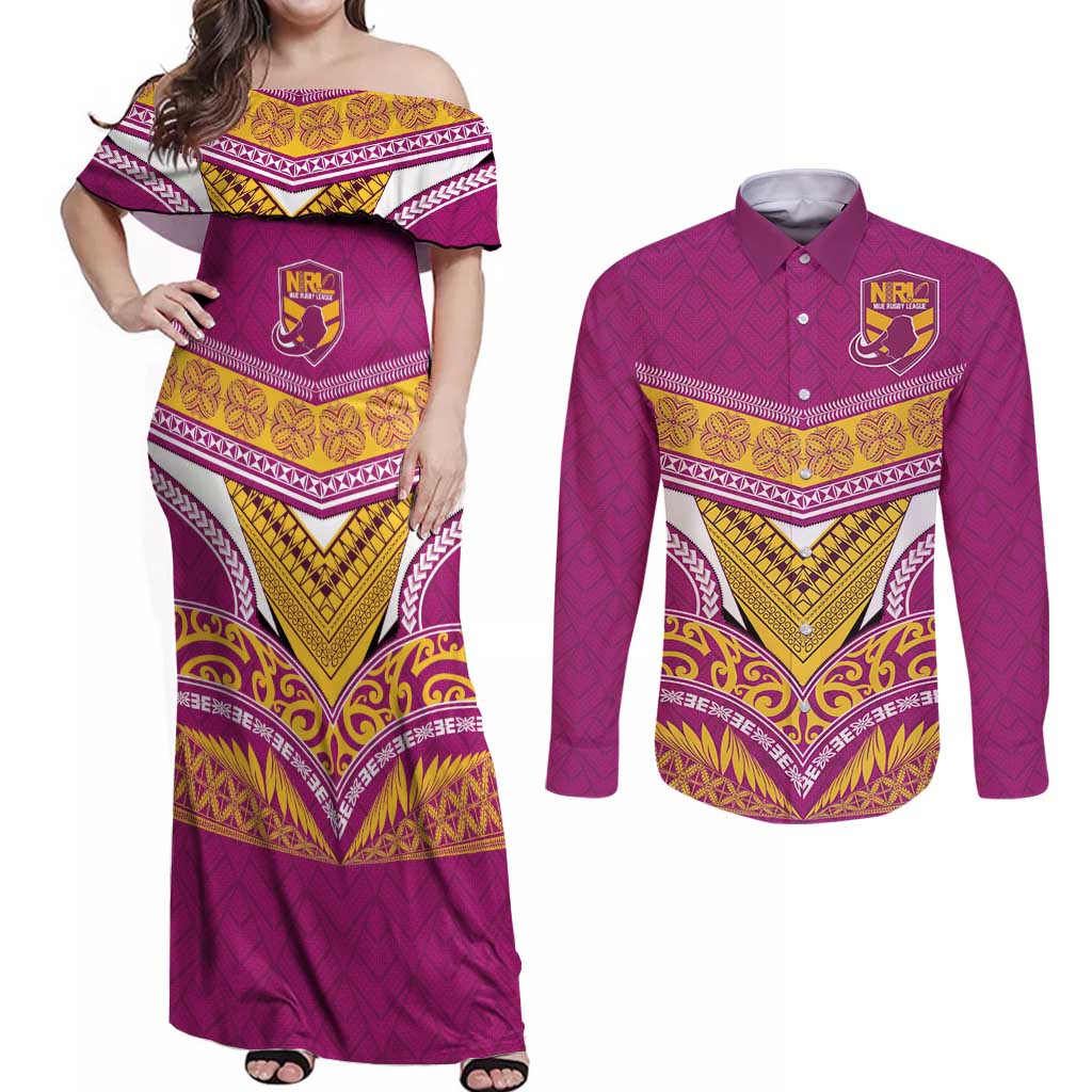 Custom Rugby Niue Couples Matching Off Shoulder Maxi Dress and Long Sleeve Button Shirt Hiapo Tribal Heritage Tattoos Pink Color - Polynesian Pride