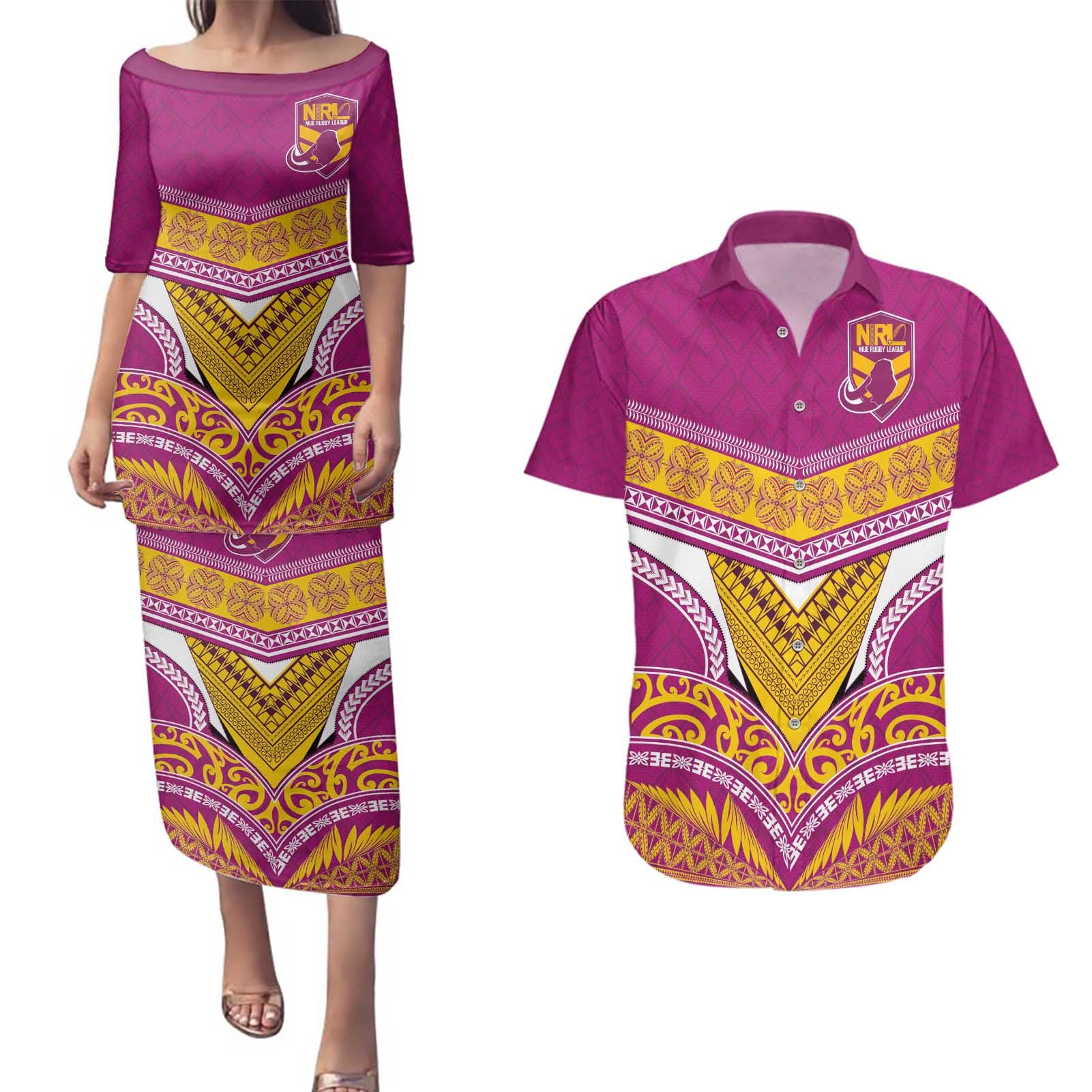 Custom Rugby Niue Couples Matching Puletasi and Hawaiian Shirt Hiapo Tribal Heritage Tattoos Pink Color - Polynesian Pride