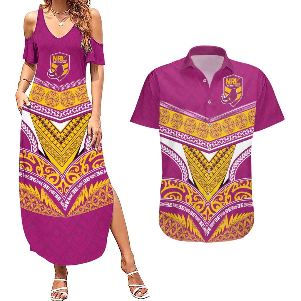 Custom Rugby Niue Couples Matching Summer Maxi Dress and Hawaiian Shirt Hiapo Tribal Heritage Tattoos Pink Color - Polynesian Pride