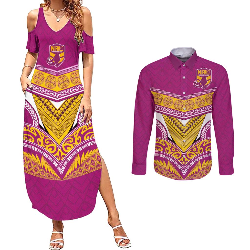 Custom Rugby Niue Couples Matching Summer Maxi Dress and Long Sleeve Button Shirt Hiapo Tribal Heritage Tattoos Pink Color - Polynesian Pride